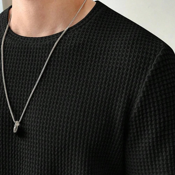 Black Preppy Mens Solid Waffle Knit Tee - Picture 4 of 5